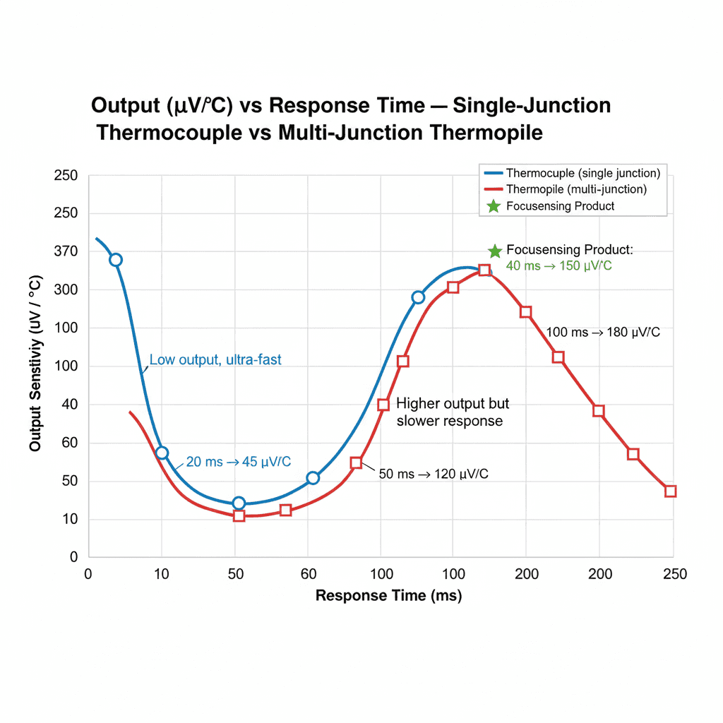 Output (µV/°C) vs Response Time — Single-Junction Thermocouple vs Multi-Junction Thermopile