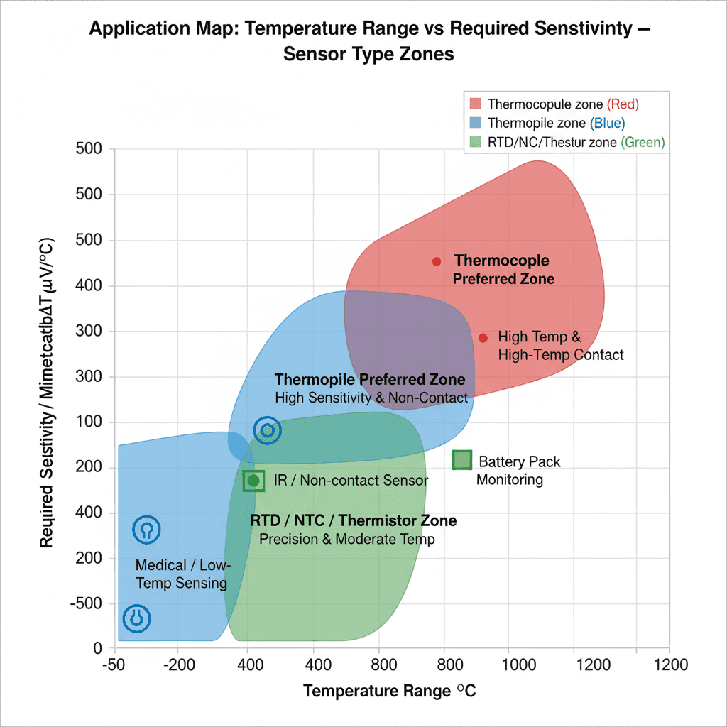 Application Map: Temperature Range vs Required Sensitivity — Sensor Type Zones