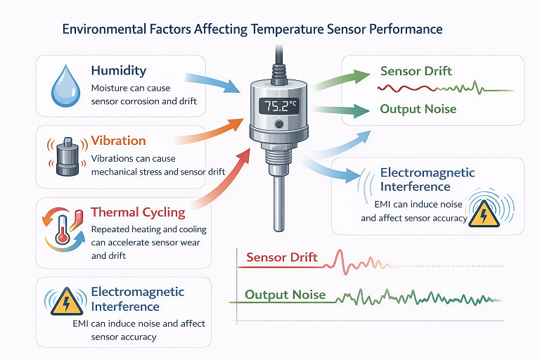 Infographic illustrating how humidity, vibration, thermal cycling, and electromagnetic interference affect temperature sensor performance and long-term drift.
